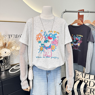 2026新款 春装 韩系时尚 彩色涂鸦印花宽松款 假两件t恤 爆款 纱袖 推荐