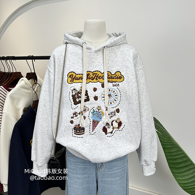 韩国重工刺绣加绒宽松显瘦卫衣女