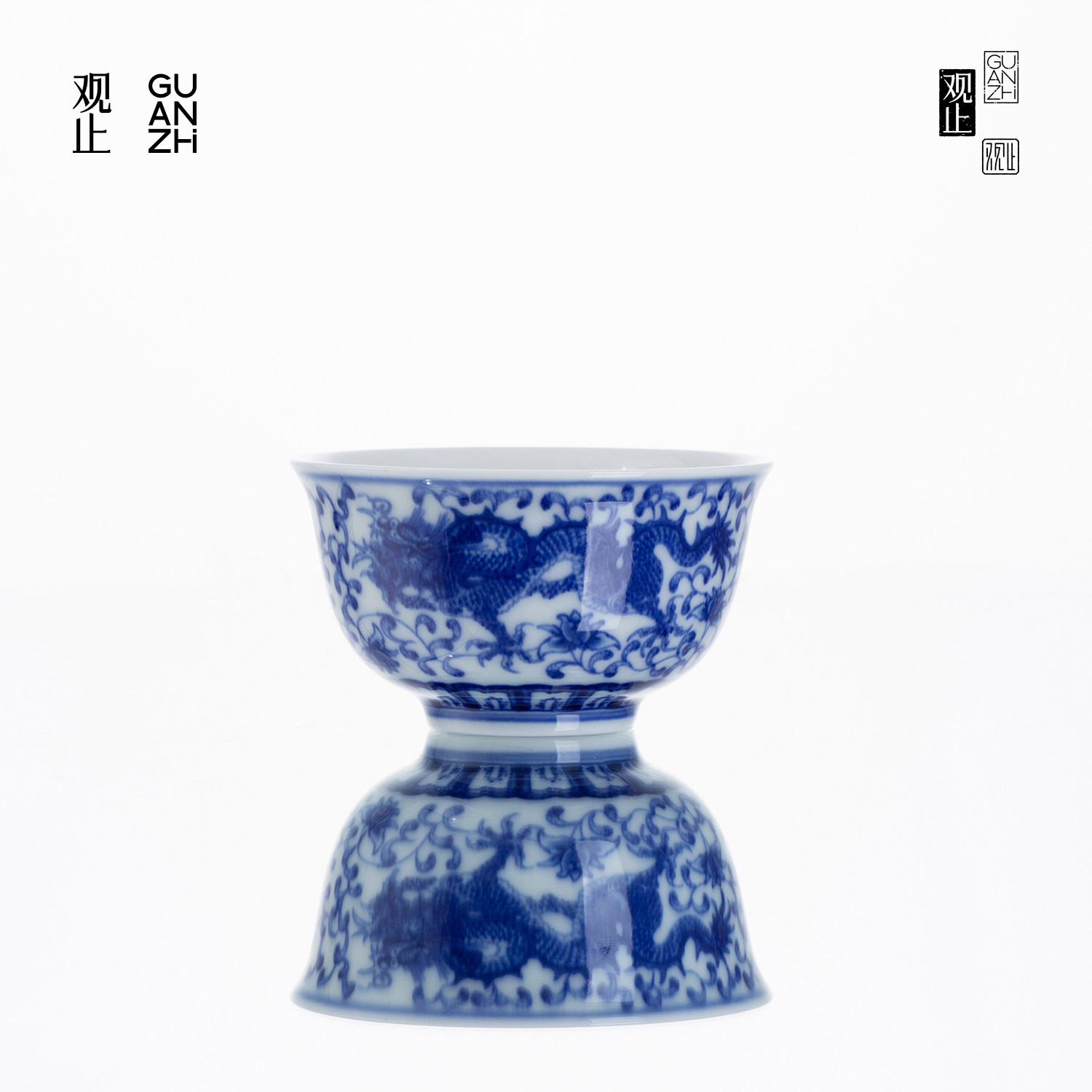 观止青花双龙戏珠压手杯茶杯