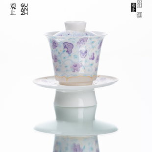 观止盖碗茶杯女士家用陶瓷三才泡茶碗高档功夫茶具不烫手中式茶碗