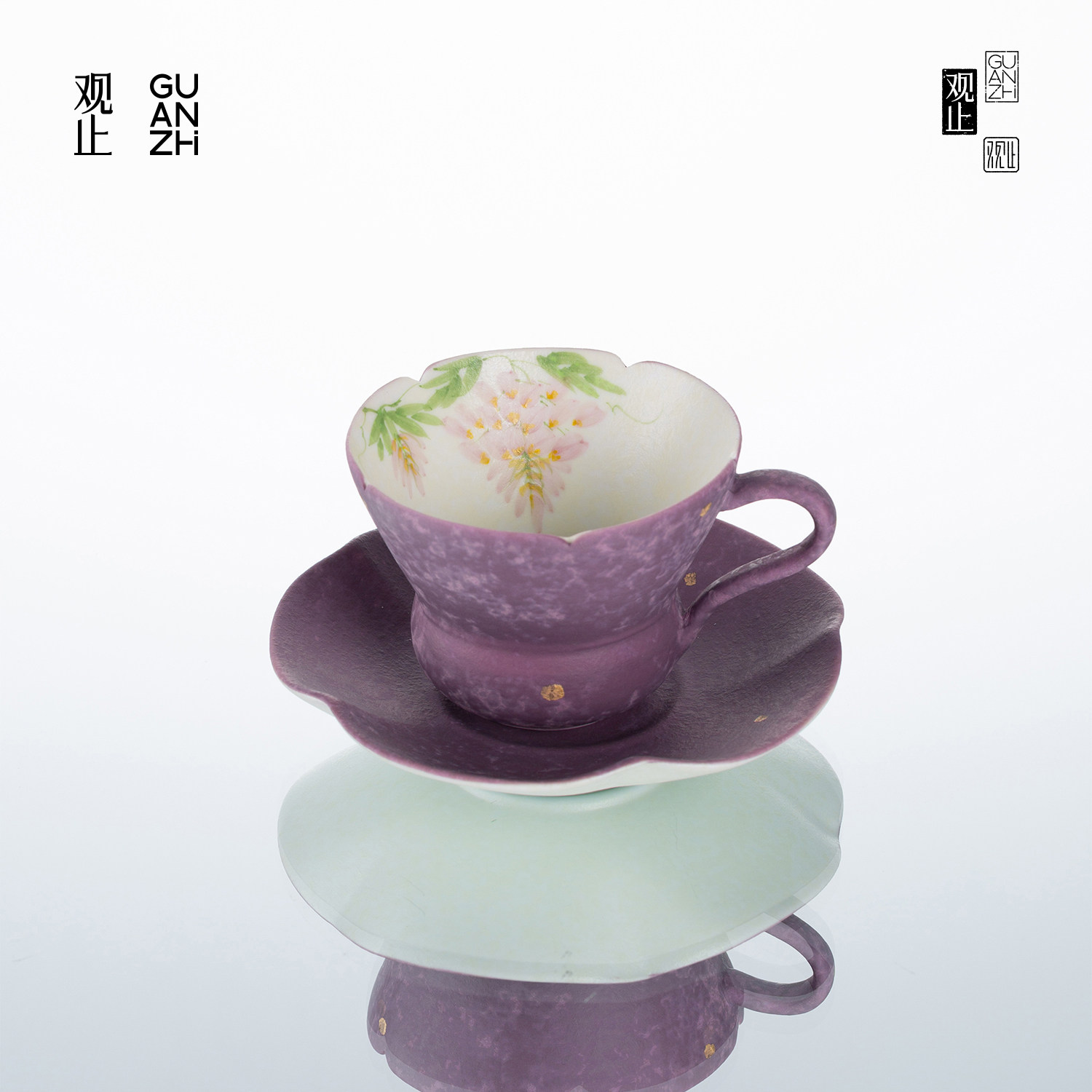 观止洒金手绘紫藤花茶杯咖啡杯子小容量主人杯陶瓷防烫杯垫下午茶