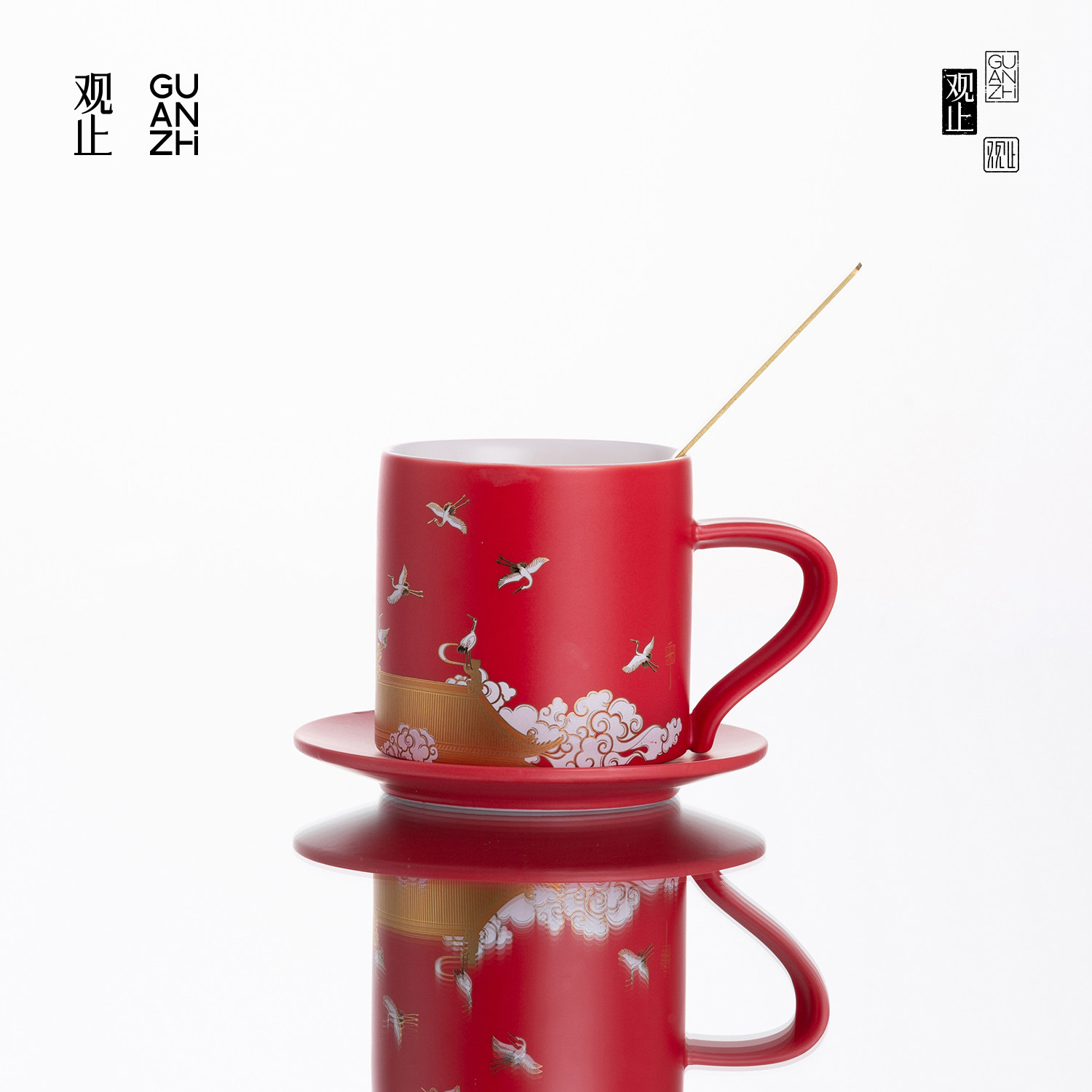 观止瑞鹤陶瓷马克杯带盖勺家用喝水杯子高颜值咖啡杯碟套装礼盒装