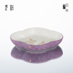 观止 手绘紫藤花壶承干泡台陶瓷茶具配件简约小型茶台托盘茶壶垫