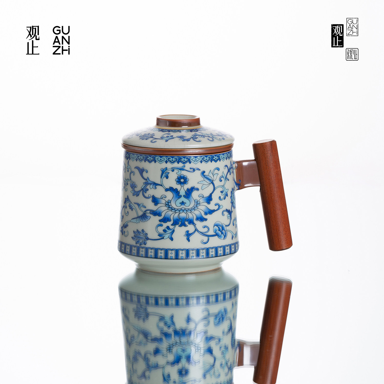 观止汝窑青花泡茶杯家用茶水分离