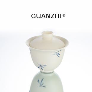 观止哑光黄陶瓷二才盖碗茶碗女士简约功夫茶具家用泡不烫手盖碗