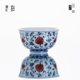 观止青花缠枝莲茶杯釉里红主人杯中式家用功夫茶具喝茶杯压手杯子