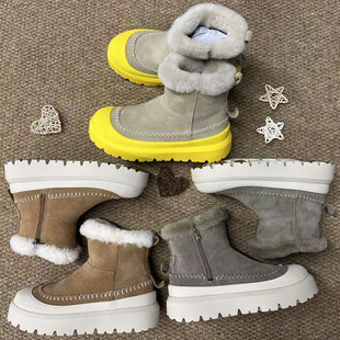 桑坡户外撞色马克胶片靴厚底雪地靴女冬季加绒加厚保暖东北大棉靴