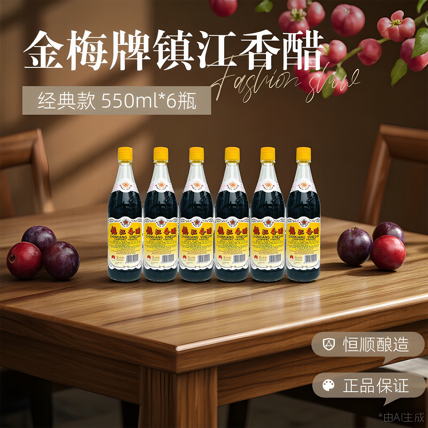 恒顺纯粮酿造食用醋金梅牌镇江香醋550ml*6瓶风味特产正宗金梅醋