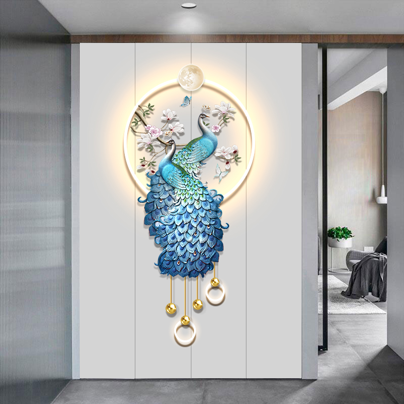 轻奢玄关装饰画创意带灯2024款发光壁画简约走廊过道挂画富贵孔雀图片