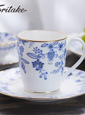 Noritake则武蓝色花更纱骨瓷马克杯大容量水杯家用喝水早餐牛奶杯