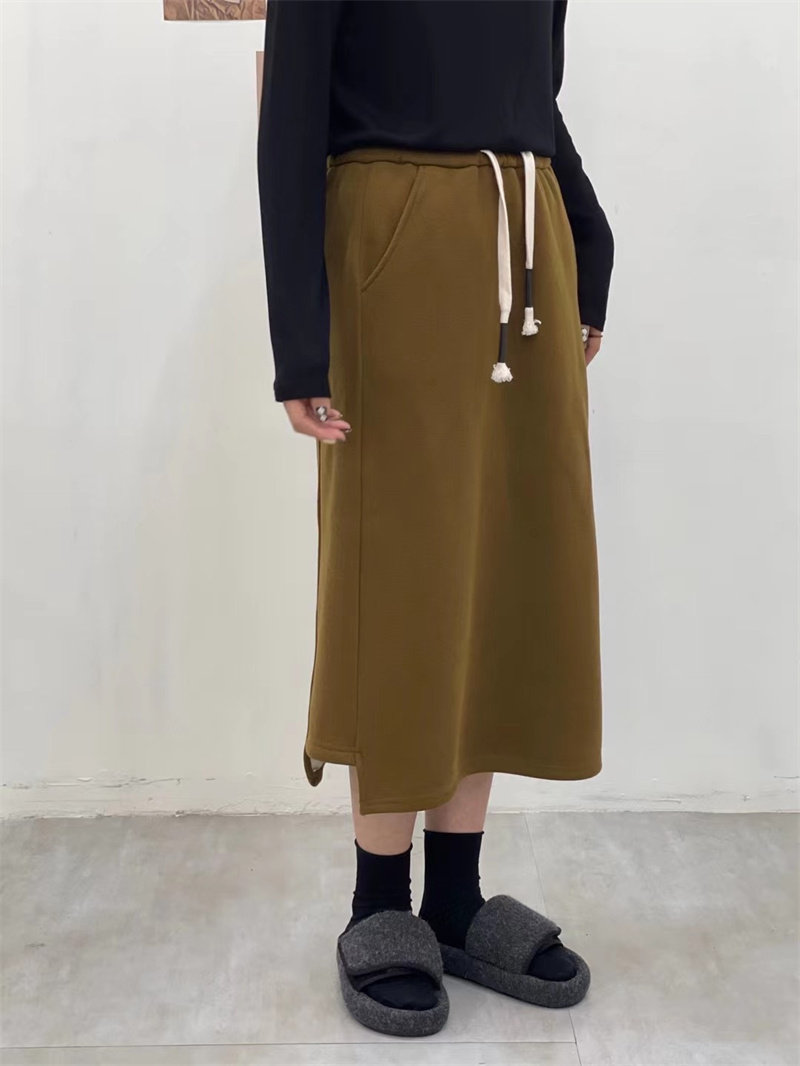 松紧腰绑带口袋宽松休闲加绒加厚中长款半身裙女百搭休闲卫裙黑色