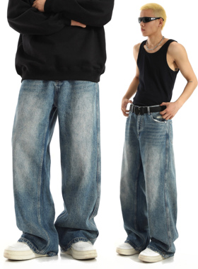 美式复古春夏新款微喇牛仔裤男做旧廓形显瘦直筒高腰宽松休闲裤潮