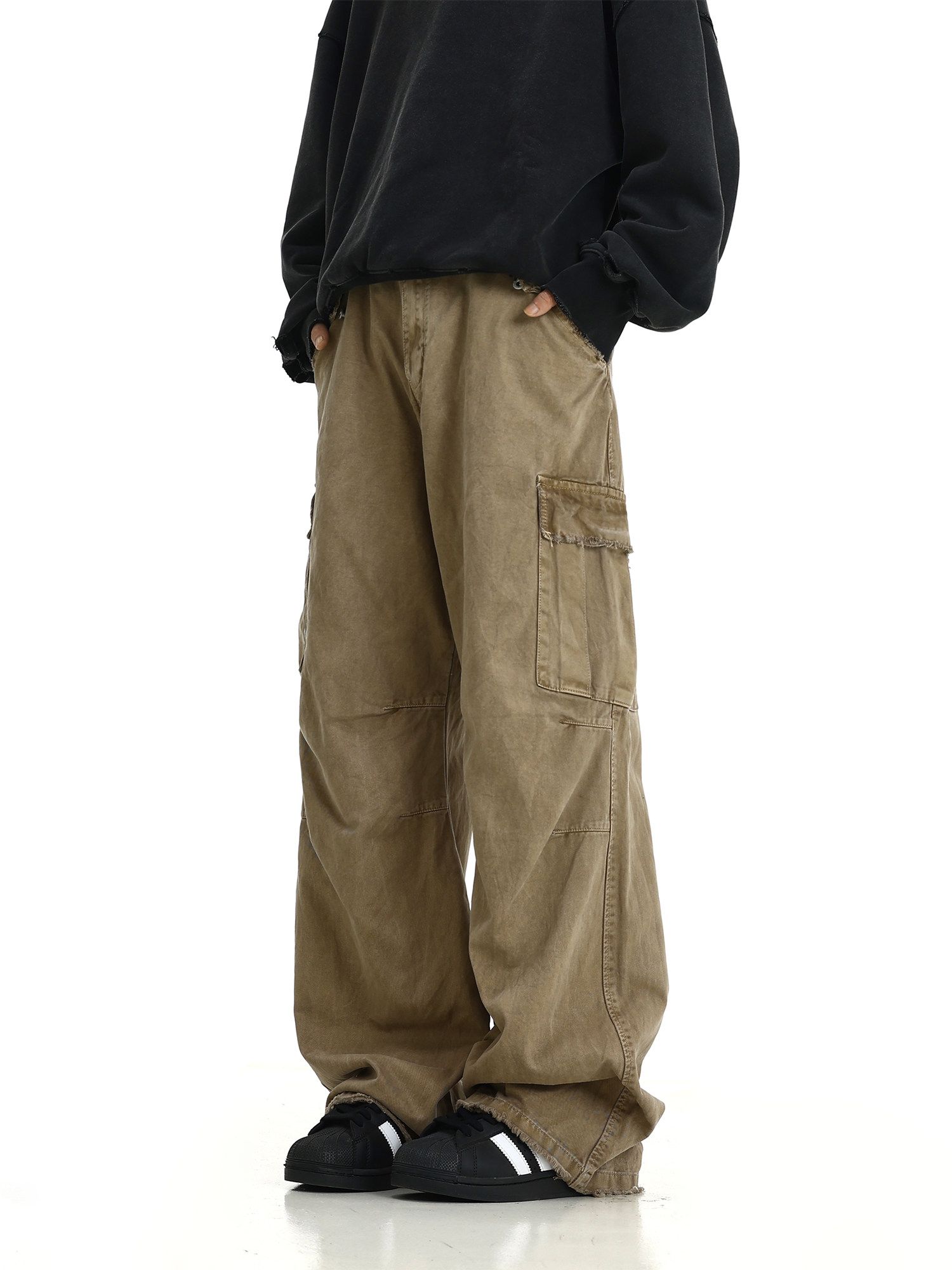 HIGH STREET VINTAGE RAW CARGO JEANS MENS AND WOMENS AMERICAN PARATROOPERS COUPLE LOOSE STRAIGHT LEG WIDE LEG CASUAL TROUSERS TIDE