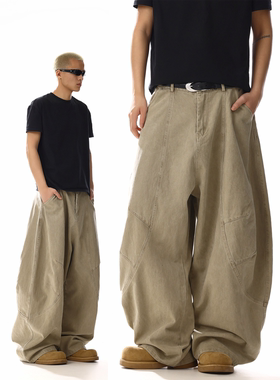 美式复古水洗弯刀裤工装裤男女设计感小众痞帅宽松休闲直筒阔腿裤