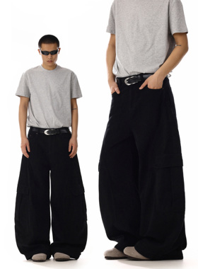 美式复古解构黑色阔腿弯刀牛仔裤男女宽松休闲设计感小众工装裤子