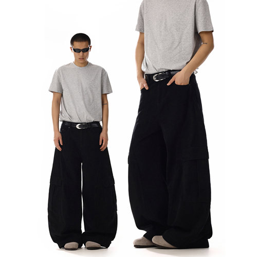 美式复古解构黑色阔腿弯刀牛仔裤