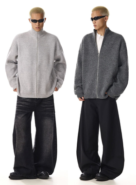 美式复古灰色简约立领开衫针织毛衣男秋季新款休闲百搭情侣外套潮