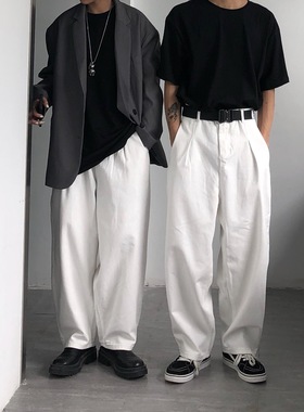 oversize美式港风高腰宽松ins复古慵懒休闲直筒阔腿牛仔拖地裤男