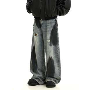 美式高街涂鸦水洗做旧破洞牛仔裤男女复古宽松百搭直筒阔腿长裤子