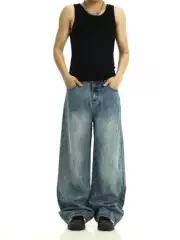 Vintage Washed Blue Jeans American Style Trendy Brand Unisex High-Waisted Loose Straight Versatile Wide-Leg Casual Long Pants
