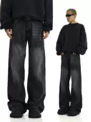 Retro Black Washed Straight-Leg Jeans for Men and Women, Spring & Fall High Street Design, Loose Straight-Leg Wide-Leg Long Pants