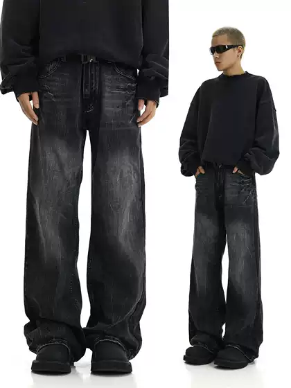 Retro Black Washed Straight-Leg Jeans for Men and Women, Spring & Fall High Street Design, Loose Straight-Leg Wide-Leg Long Pants