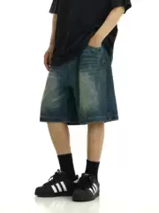 American Retro Denim Shorts Unisex Distressed Streetwear Loose Straight Casual Washed Five-Inch Mid-Thigh Shorts Trendy