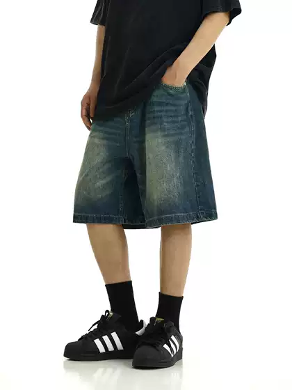 American Retro Denim Shorts Unisex Washed Streetwear Loose Straight Casual Five-Point Mid-Length Shorts Trendy