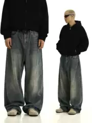 American Retro Washed Distressed Jeans for Men and Women, Spring Drapey Casual Straight-Leg Wide-Leg Pants, Loose Long Pants