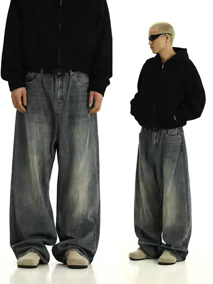 American Retro Washed Distressed Jeans for Men and Women, Spring Drapey Casual Straight-Leg Wide-Leg Pants, Loose Long Pants