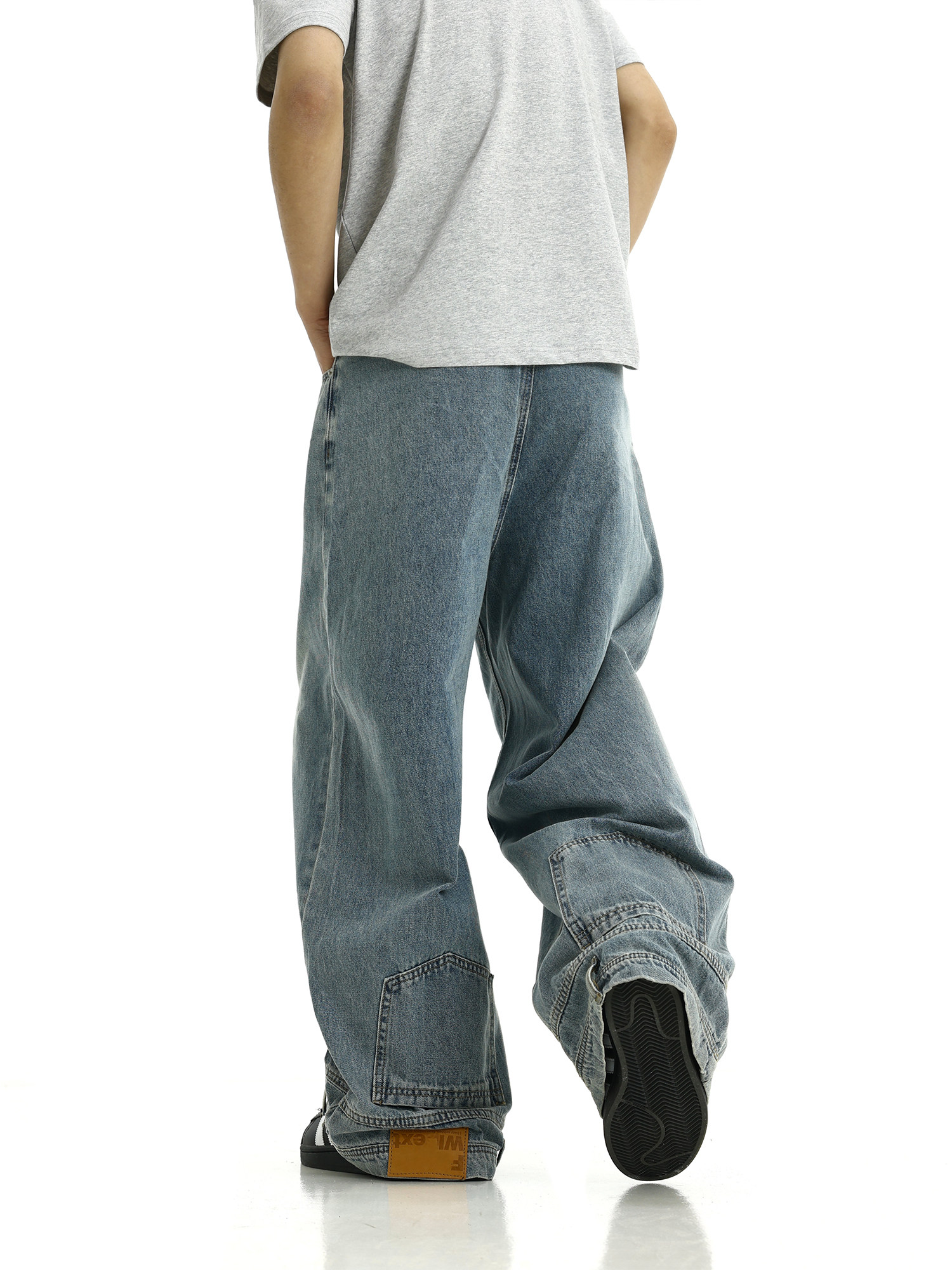 AMERICAN HIGH STREET RETRO WASH JEANS MENS AND WOMENS RUFFIAN DESIGN INVERTED STRAIGHT-LEG LOOSE COUPLE WIDE-LEG TROUSERS