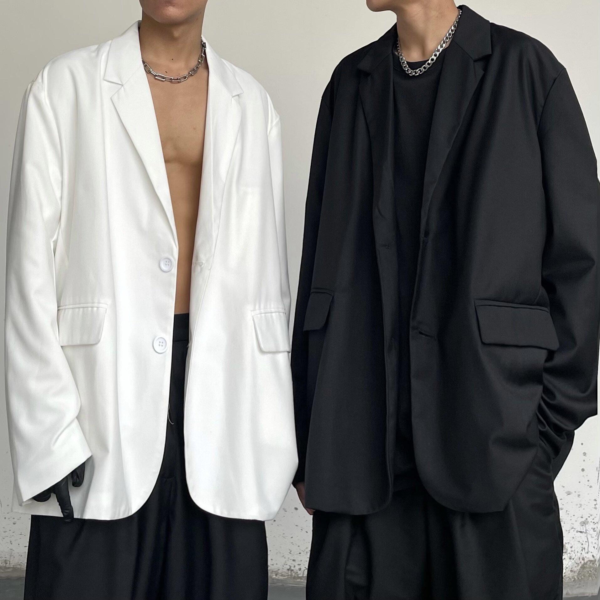 ins高级感炸街黑白色薄款休闲宽松西装外套男设计感痞帅极简西服