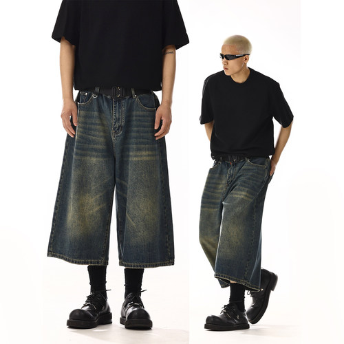 美式复古牛仔七分裤男女