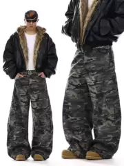American Retro Camouflage Scimitar Jeans for Men, Trendy High Street Pocket Design, Straight-Leg Casual Loose Cargo Pants