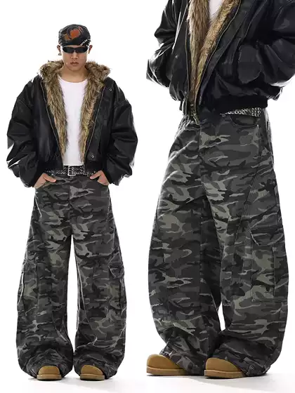 American Retro Camouflage Scimitar Jeans for Men, Trendy High Street Pocket Design, Straight-Leg Casual Loose Cargo Pants