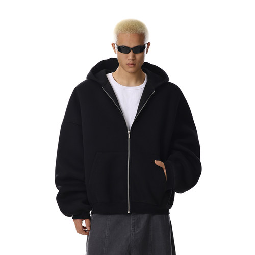 美式复古黑色连帽开衫卫衣男女