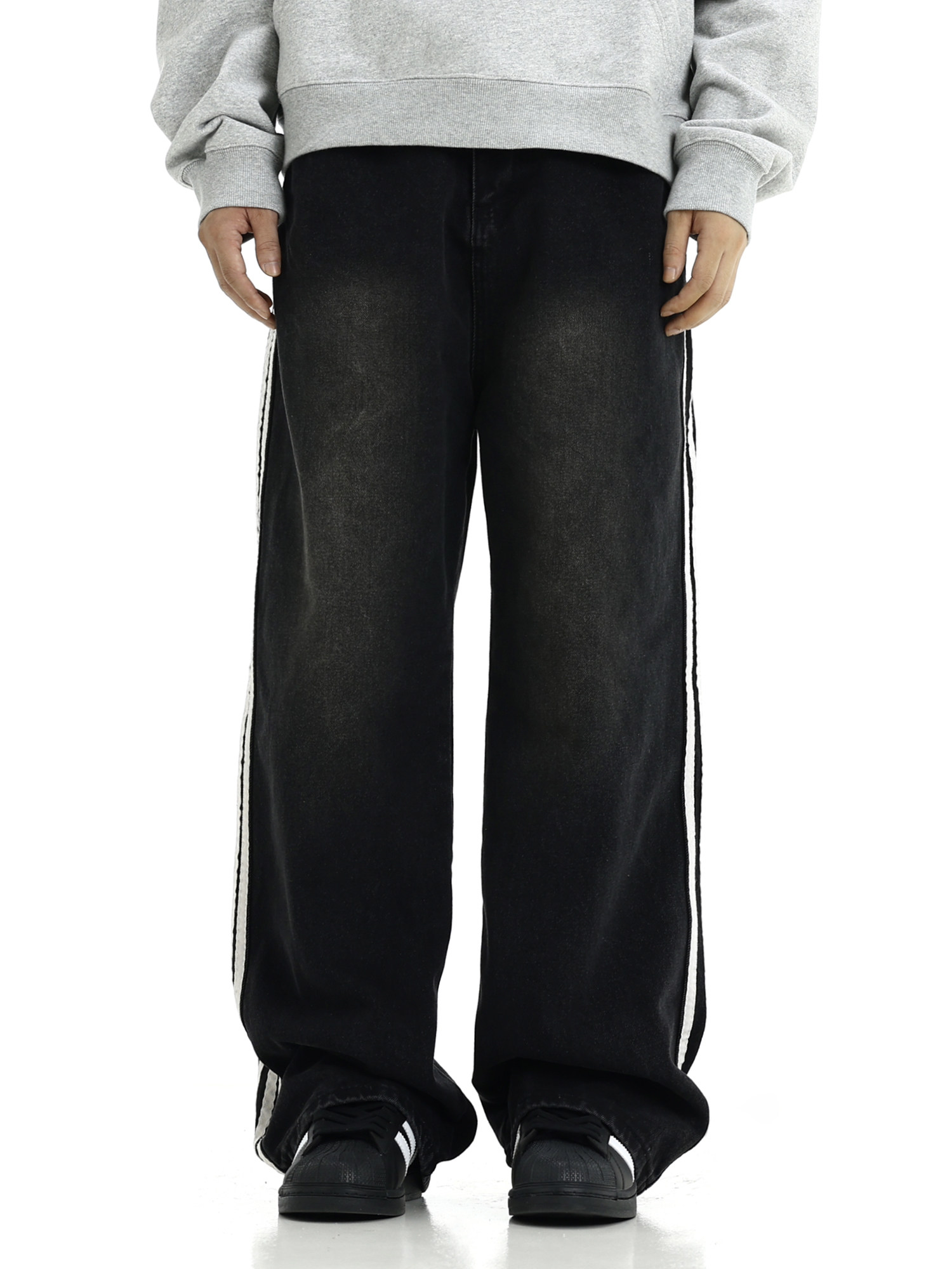 AMERICAN-STYLE RETRO THREE-BAR STRIPED BLACK JEANS MENS TRENDY HIGH STREET LOOSE DRAPE MOPPING AND VERSATILE STRAIGHT-LEG PANTS