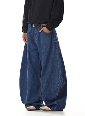 美式复古深蓝色弯刀牛仔裤男女秋季新款设计感小众宽松直筒阔腿裤