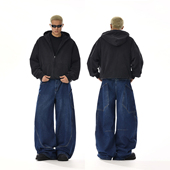 潮 做旧宽松直筒拖地阔腿休闲长裤 复古解构设计廓形牛仔裤 男女美式