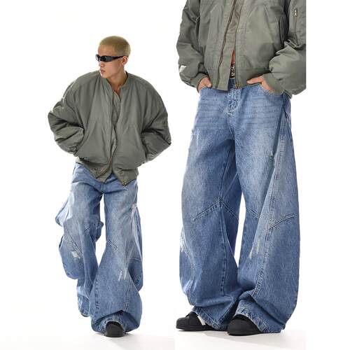 美式复古拖地宽松直筒做旧长裤子