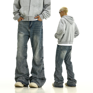 潮 男女宽松百搭炸街情侣直筒微喇长裤 美式 高街复古水洗褶皱牛仔裤