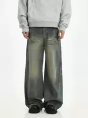 American Retro High-End Straight-Leg Jeans with High Street Design, Pleated, Loose-Fitting, Slimming, Casual Wide-Leg Pants for Couples