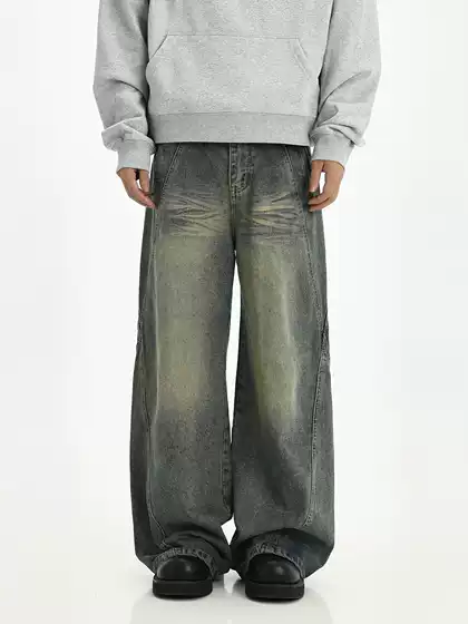 American Retro High-End Straight-Leg Jeans with High Street Design, Pleated, Loose-Fitting, Slimming, Casual Wide-Leg Pants for Couples