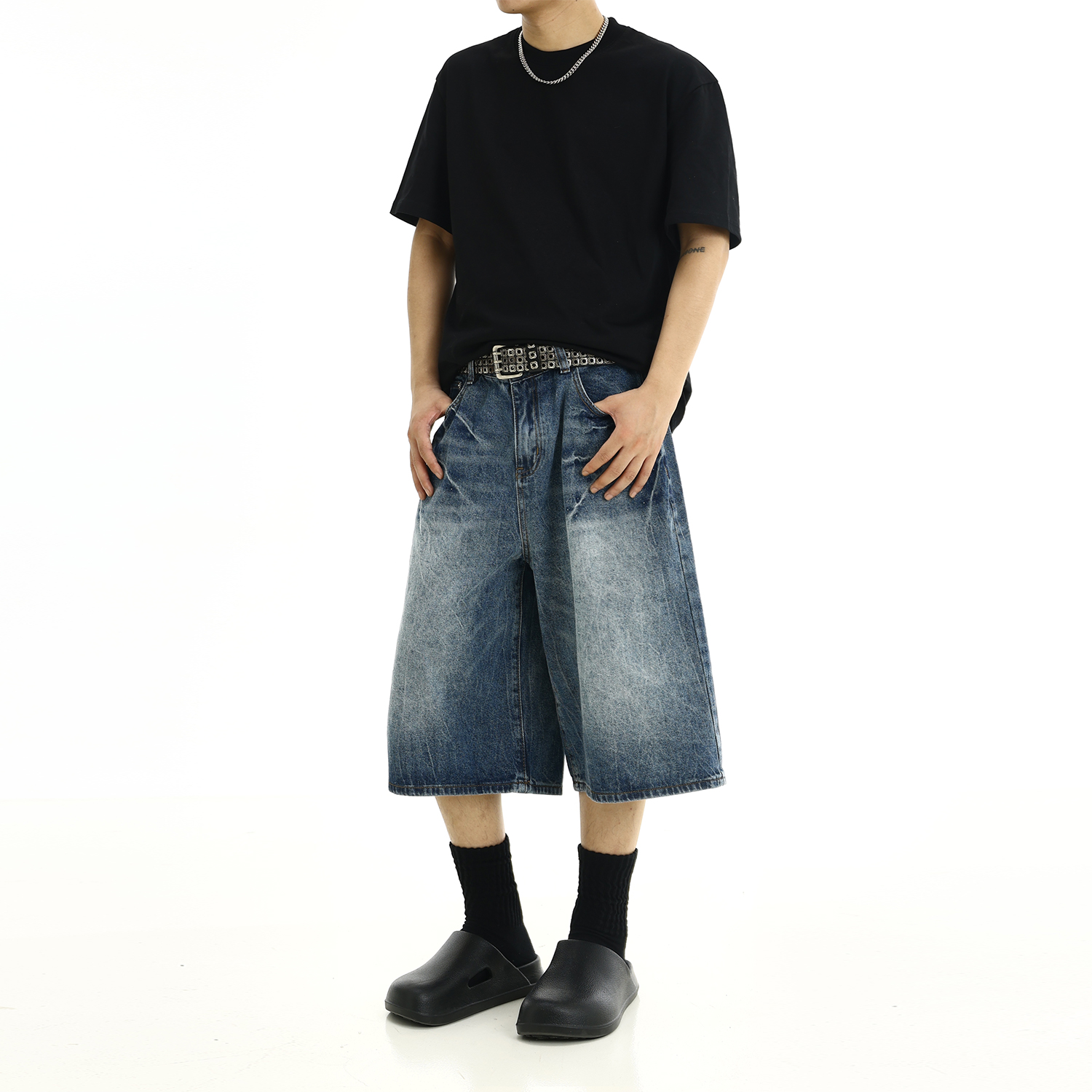 美式复古闪电牛仔裤短裤