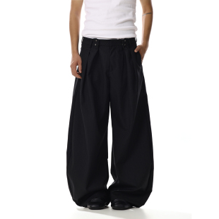 男女宽松高级感条纹压褶休闲直筒阔腿裤 美式 复古黑色垂感弯刀西裤