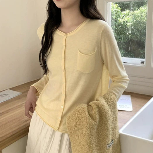 精纺100%超薄羊毛开衫女款卷边圆领长袖上衣2026秋季新款毛衣外套