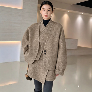 通勤毛呢套装裙两件套女冬外套裙时尚显瘦休闲套装叠穿马甲新