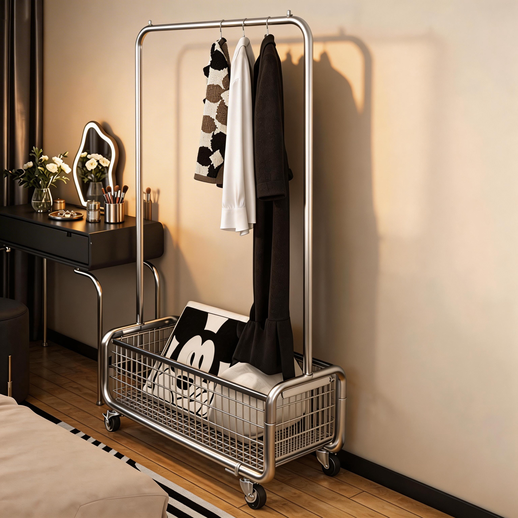 可移动挂衣架家用卧室房间隔夜收纳衣服置物架金属晾衣杆落地衣架