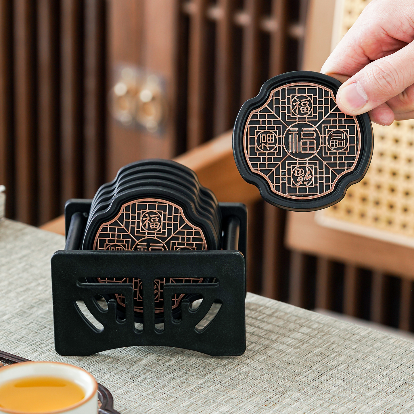 中式高档杯垫海棠珐琅彩茶杯托家用方形茶桌防滑隔热垫六个收纳装