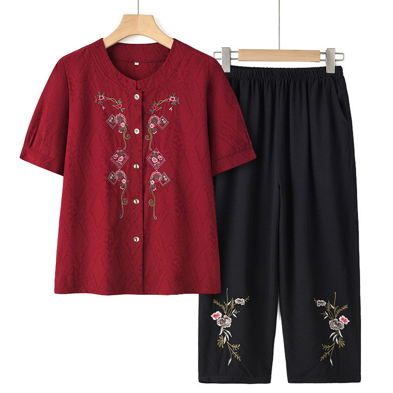 中老年妈妈夏装薄款二件套老年人棉绸套装前清凉奶奶夏天衣服开衫
